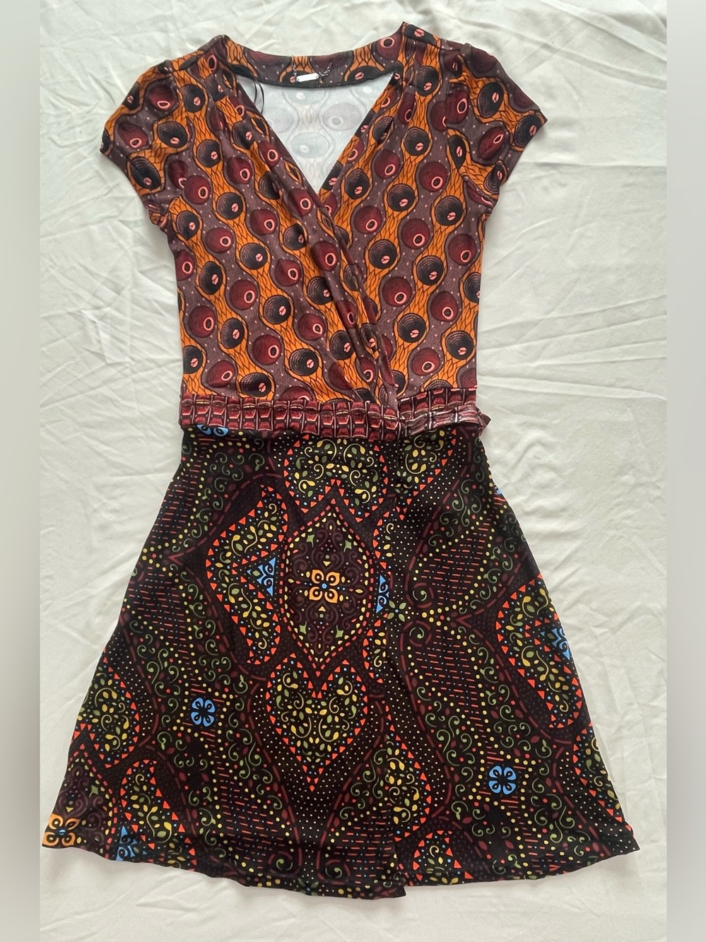Custo Barcelona Orange and Black Mixed-Print Faux-Wrap Midi Dress